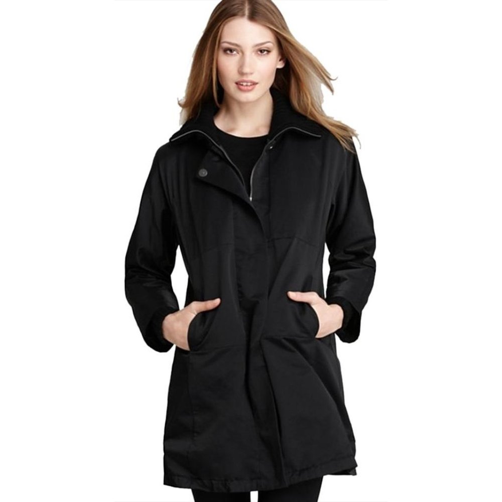 EILEEN FISHER Merino Wool Trimmed Black Coat
